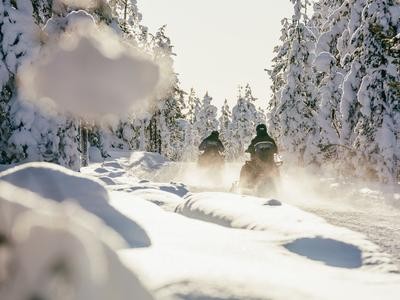 Excursión en moto de nieve por el bosque de Rovaniemi, Laponia finlandesa