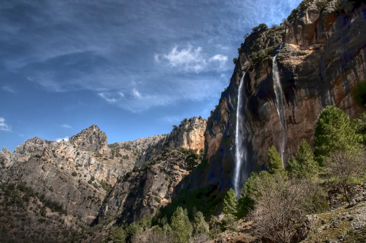 Panorámica de dos cascadas que caen por la pared rocosa