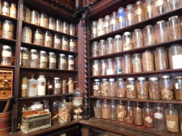 Alacenas llenas de antiguos tarros usasos en la antigua farmacia Museo Hipócrates de Plovdiv