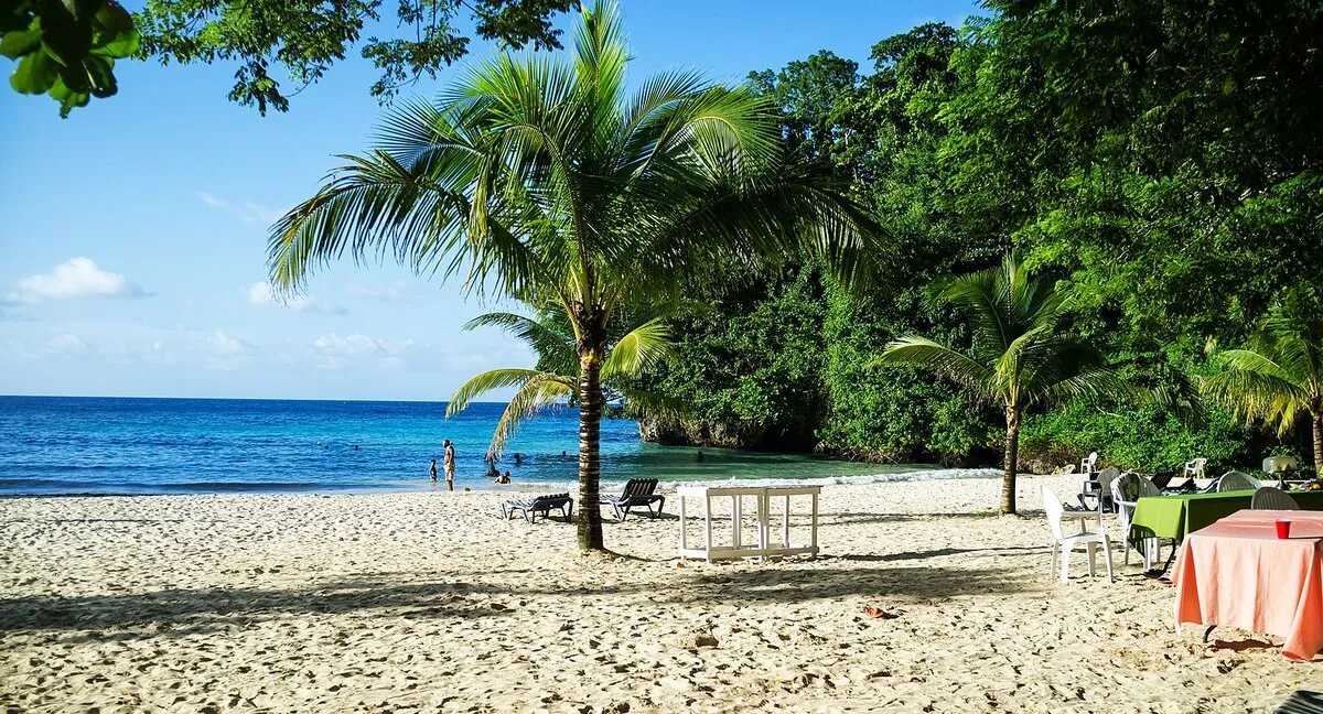 Playa con arena blanca y frondosa vegetación de fondo