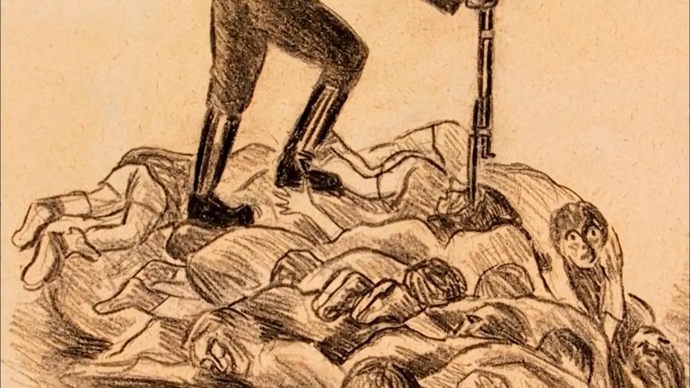Ilustración que plasma el trato humano hacia los presos de Birkenau.
