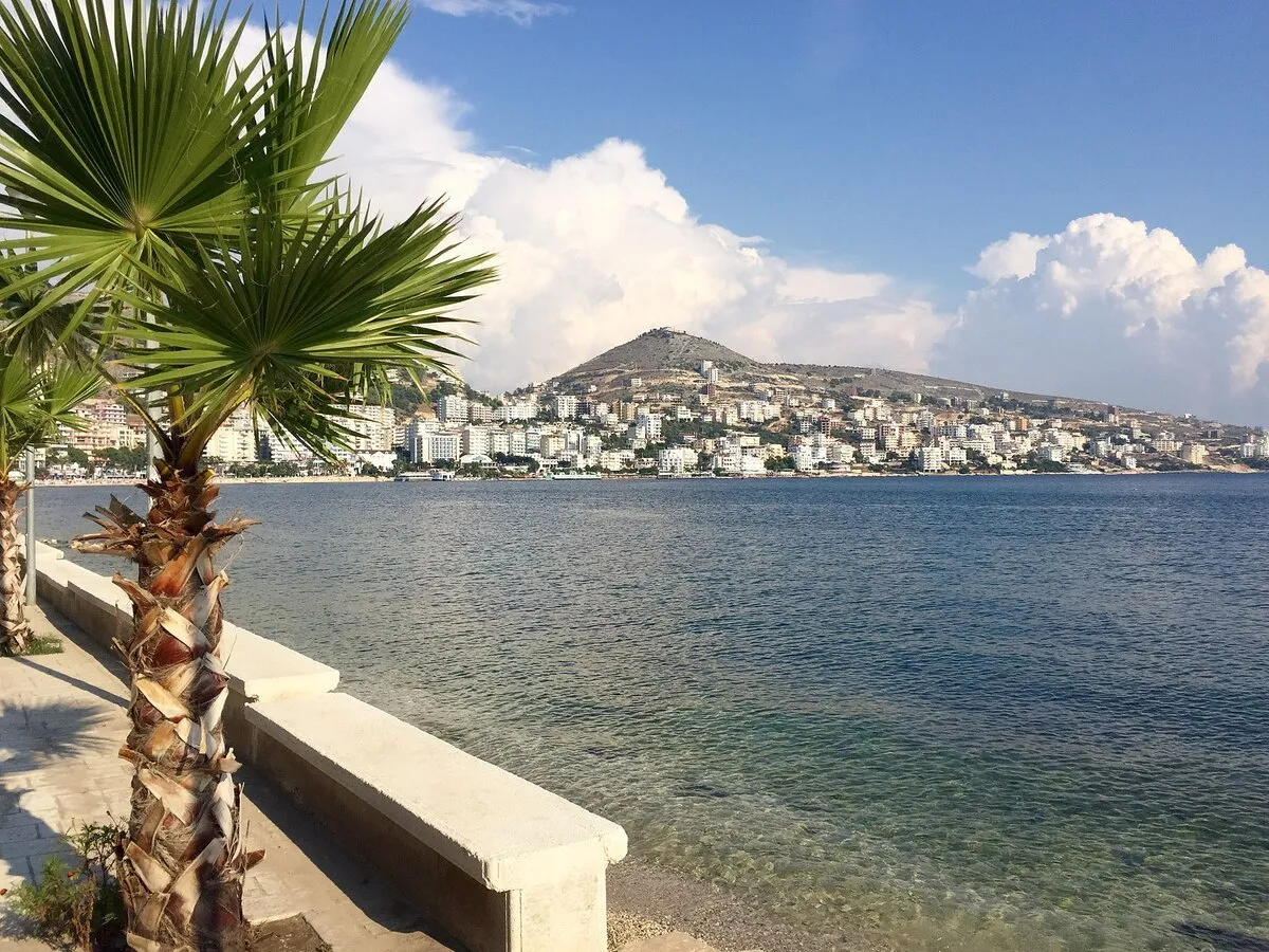 Panoramica de una de las playas de la ciudad portuaria con una palmera en la parte izquierda