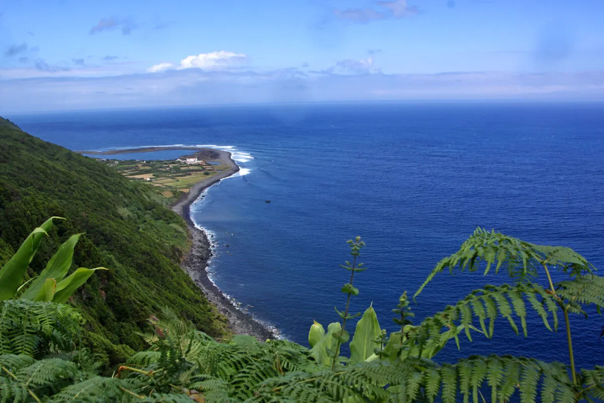 Uno de los acantilados de la isla lleno de vegetación frondosa y rodeado del oxeado atlántico