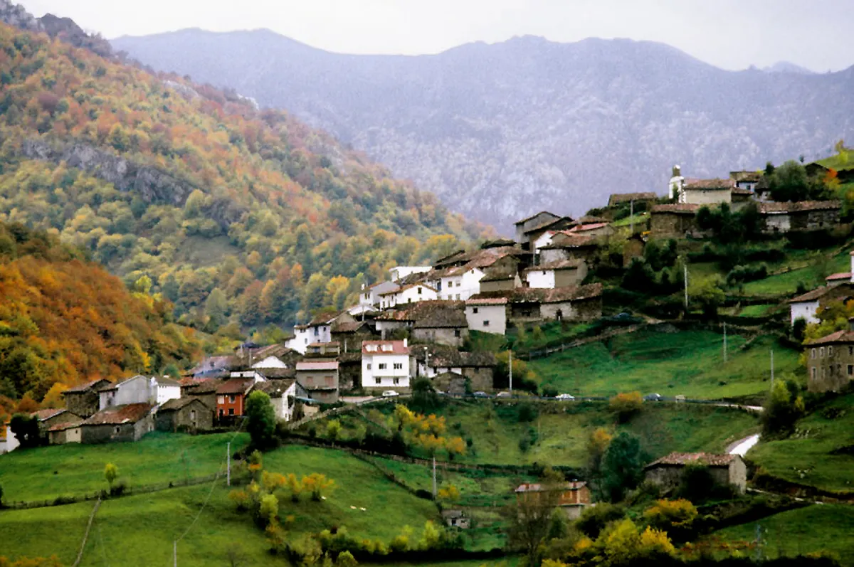 Panorámica de las casas de Jance entre las montañas con una gran vegetación frondosa