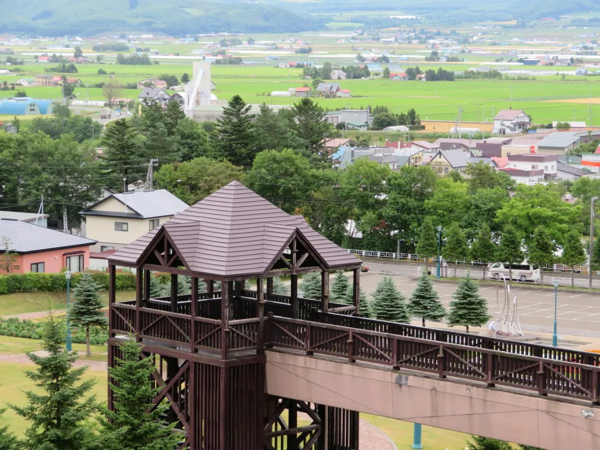 Puente y casa de madera de arquitectura típica japonesa y el campo verde de fondo