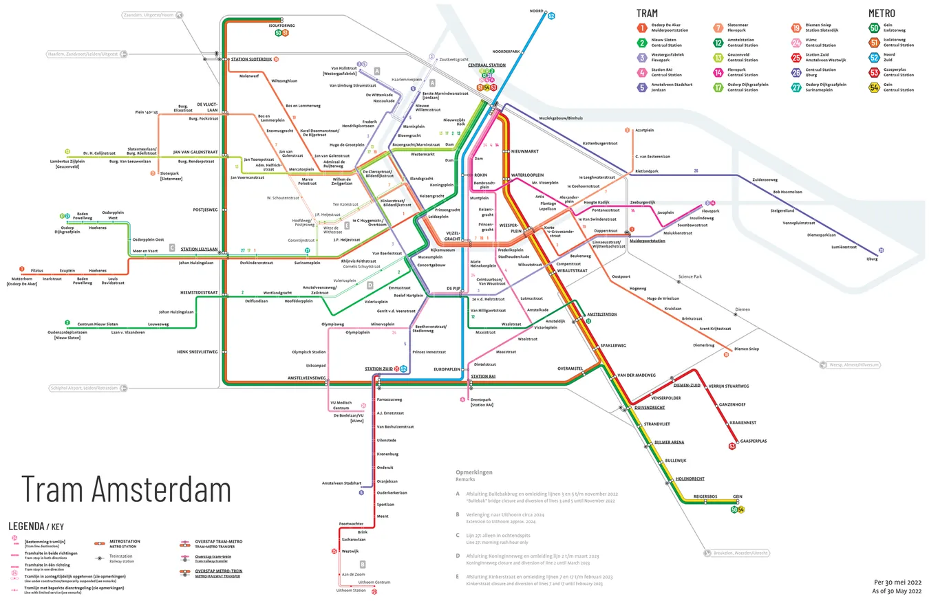 Mapa de Tranvía en Ámsterdam