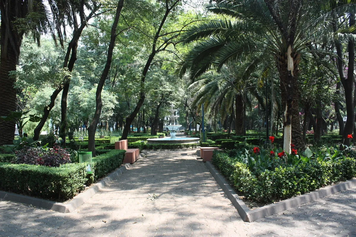 El parque repleto de palmeras con una fuente en medio del laberinto de caminos rodeados de setos