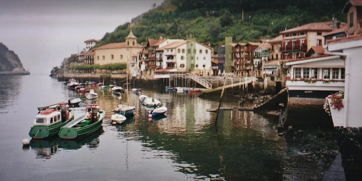 Panorámica del puerto con los barcos pesqueros anclados y las casas tradicionales al fondo