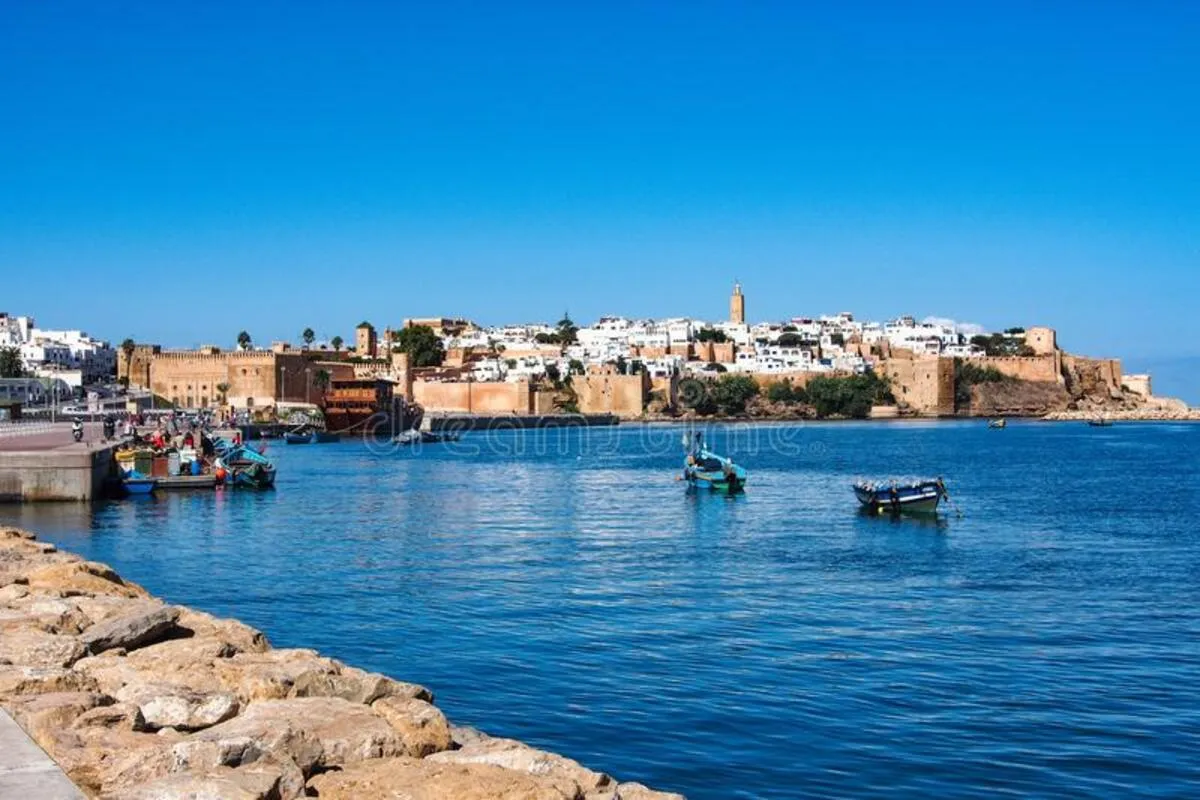 Panorámica del puerto de la ciudad con barcas y la medina de fondo